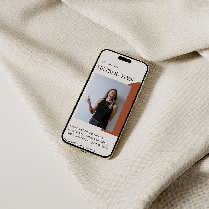 iPhone mockup featuring a beautifully designed website for a yoga and Pilates instructor, perfect for wellness brands and entrepreneurs who want a clean, simple, and professional look for their business.