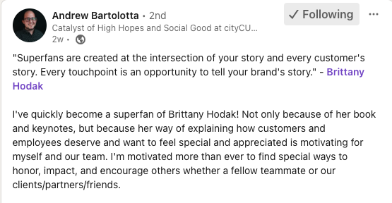 LinkedIn testimonial for keynote speaker, Brittany Hodak. The  review comes from an audience member who attended cityCURRENT signature breakfast in 2024.