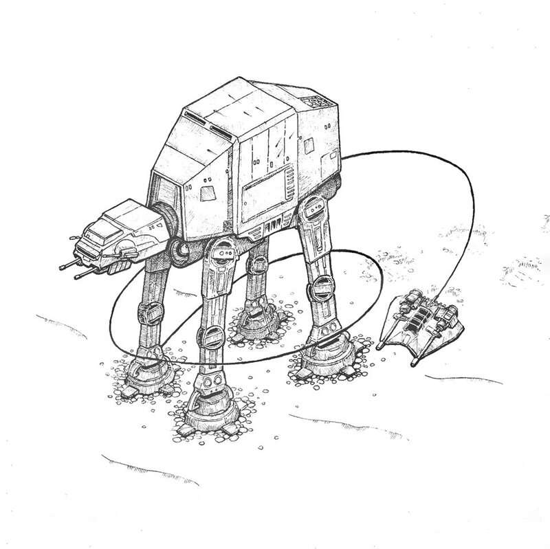 Isometric Pen and Ink illustration of an ATAT imperial walker and snowspeeder