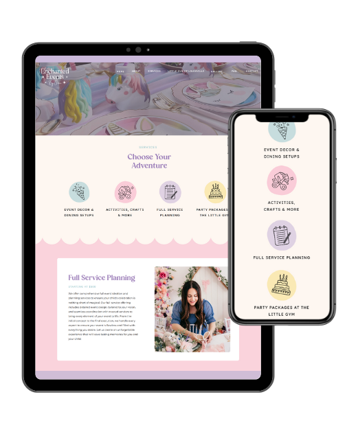 pastel colors party planner or balloon artist website template on Showit by Daydream Sites