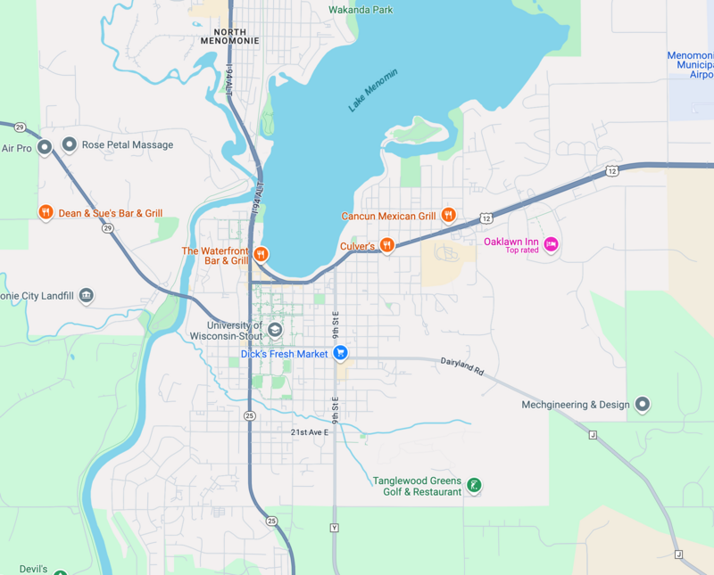 Google map showing the location of AMK Cleaning Services in Menomonie, WI
