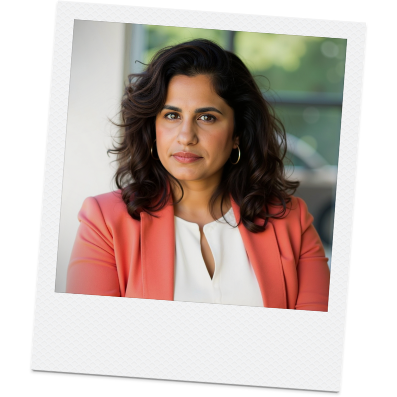 Maya wears a coral blazer, white blouse, and gold hoop earrings. She smiles softly. 