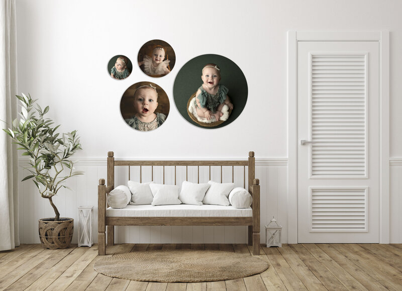 circular wood prints hanging on a wall
