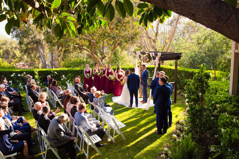 A collage of the three wedding ceremony sites at Green Gables Wedding Estate in San Marcos: The Gazebo, the Historic Schoolhouse Steps, and the Natural Forest.