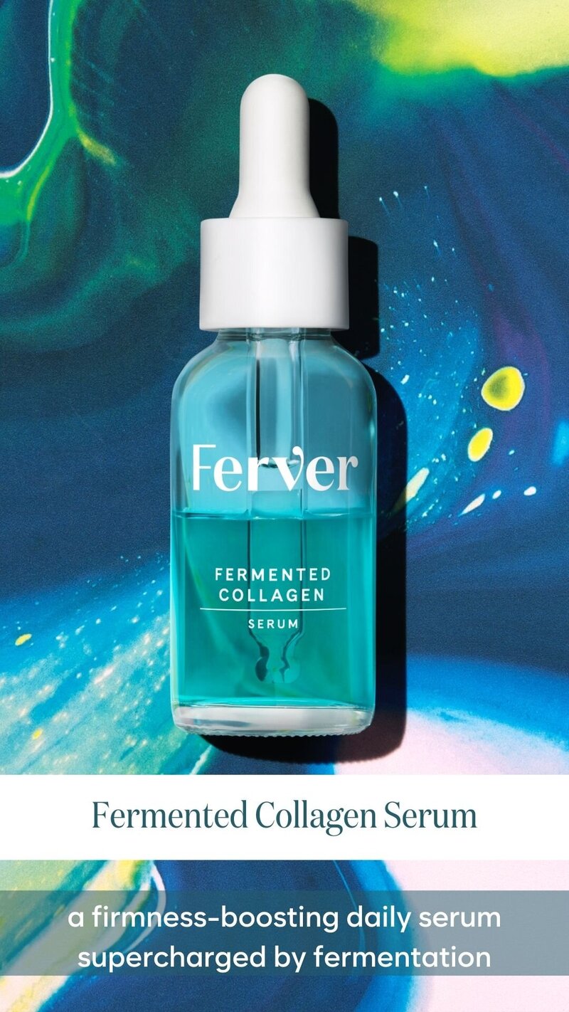 Instagram post with blue paint background showing Ferver's collagen serum