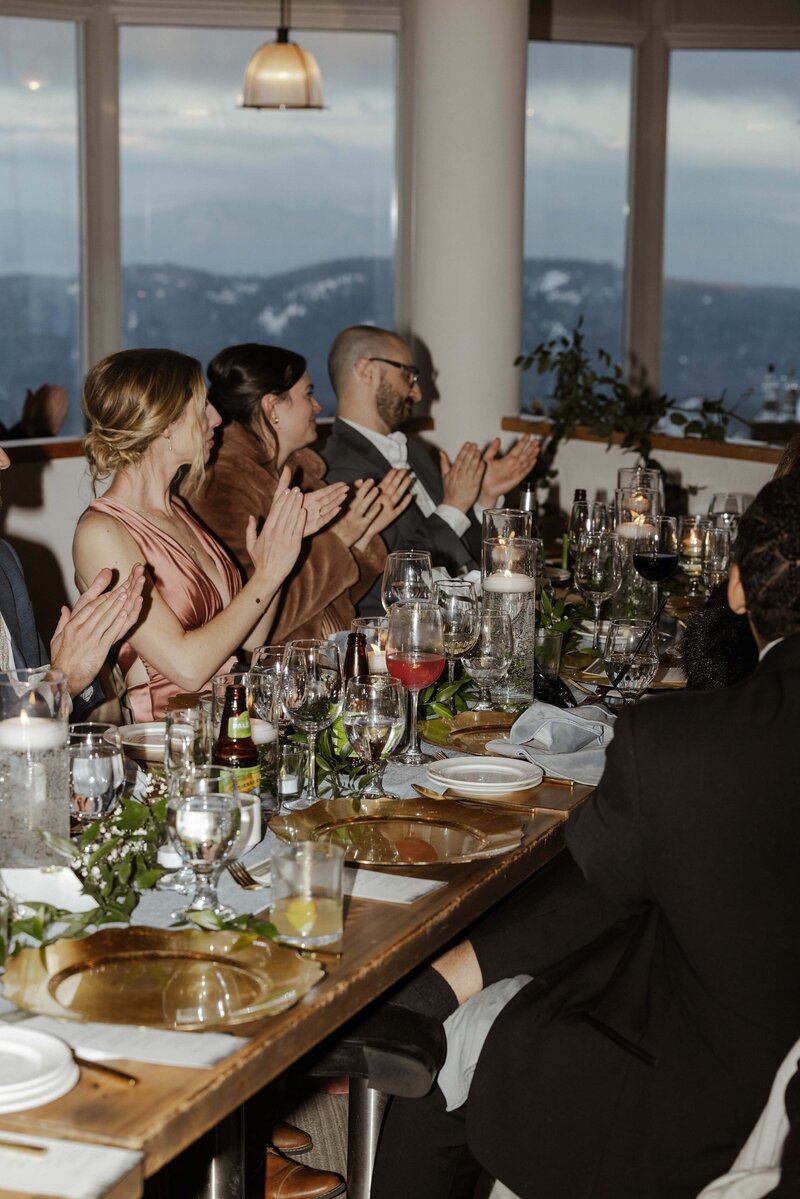 modern lake tahoe wedding reception decor with string lights