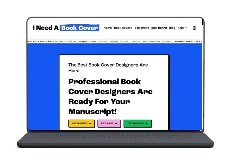 Website homepage promoting professional book cover designers with bold text and bright colors.