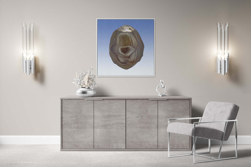 Fine Art Canvas with a white frame featuring Project Stardust micrometeorite NMM 646 for luxury interior design