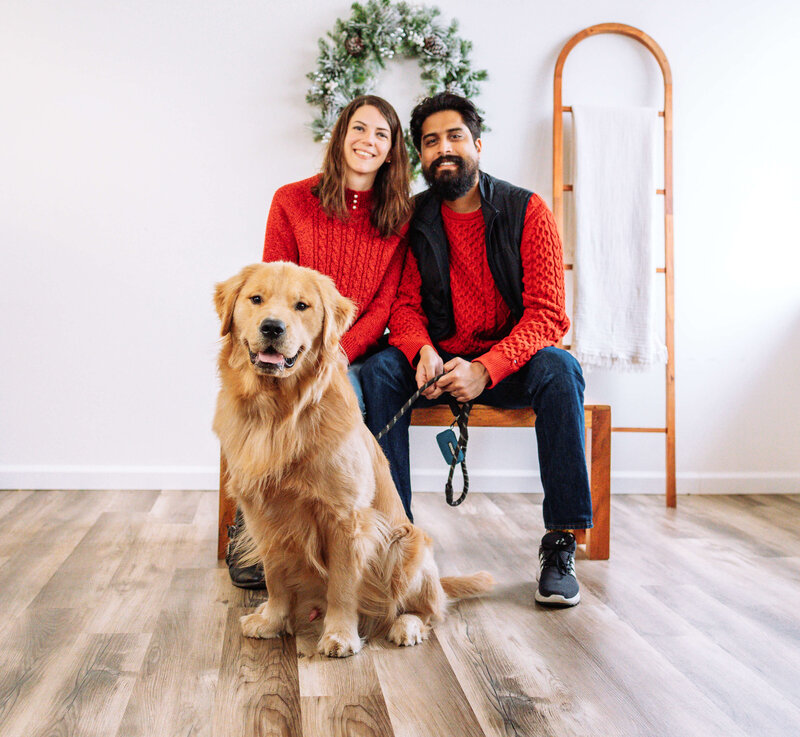 Golden Retriever sitting in front of his mom and dad during a Christmas testimonial photo for Dogology University