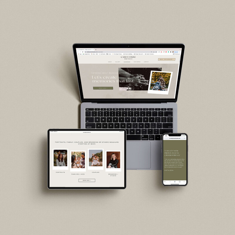 Website design showcase for wedding and portrait photographer with an elegant and modern aesthetic