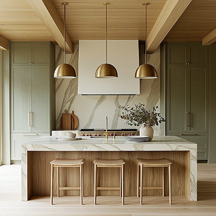 Modern kitchen with marble waterfall island, brass pendant lights, and green cabinetry — an example of the polished, cohesive design you can achieve with the Interior Design Starter Kit.