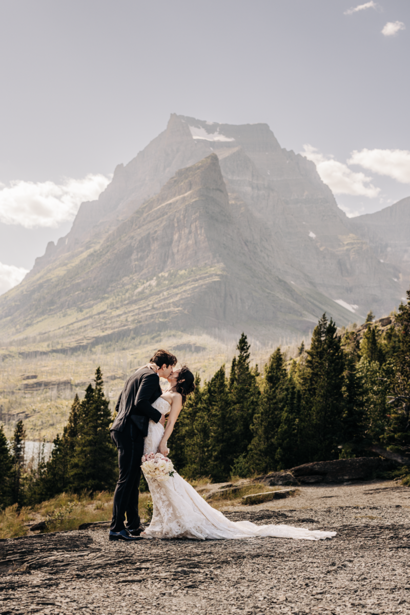 Bride and Groom on wedding day in Bozeman Montana with Bridger mountains in background