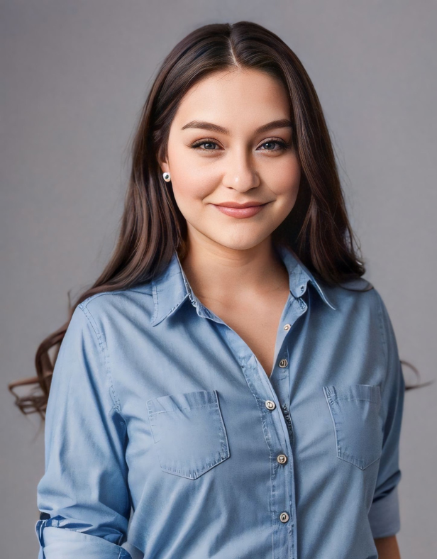 An image of a woman in a chambray shirt with dark hair.