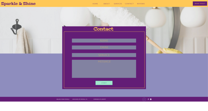Sparkle & Shine Cleaning Co. contact page featuring a purple contact form overlaying a photo of a person dusting a mirror. Includes fields for name, email, service, and message. Bright yellow and purple brand colors. Showit template by Kendra Co