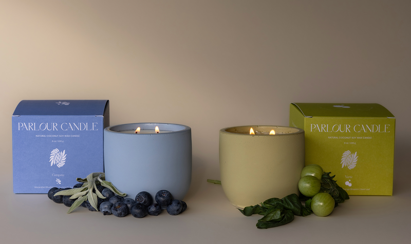 Parlour Candle is a handcrafted candle and home decor line created in a 100-year-old studio space. Project showcase featuring refreshed box packaging design and color & icon development for the scent collection – Compote and Verte.