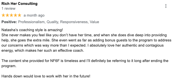 a screenshot of a five star testimonial from one of business mentor natasha zoryk's clients named rich her consulting
