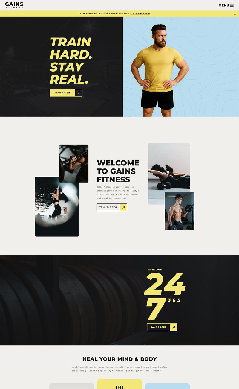 Homepage layout of Gains Showit website template for gyms and fitness coaches.