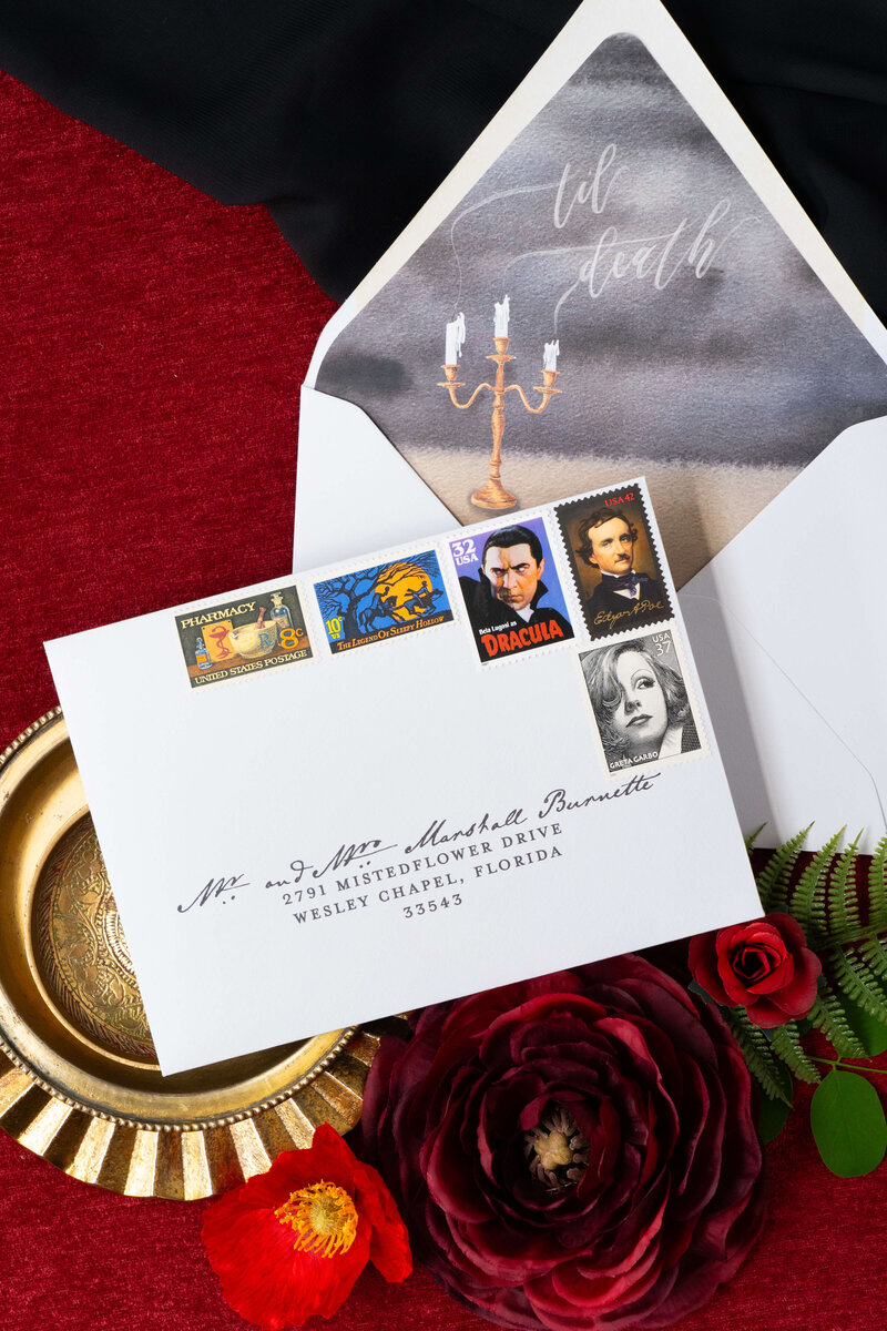 Luxury destination wedding invitations for Halloween wedding.
