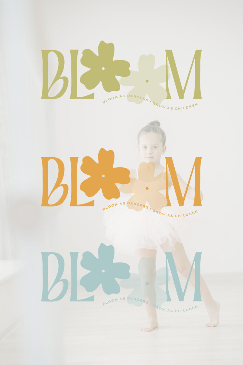Logo for Bloom, a child dance studio, featuring playful and colorful design elements.