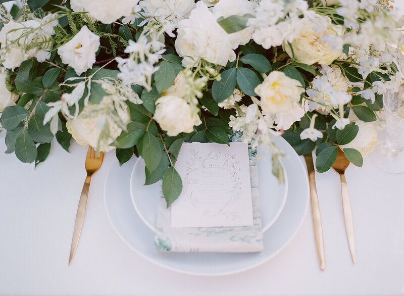 white and green wedding tablescape