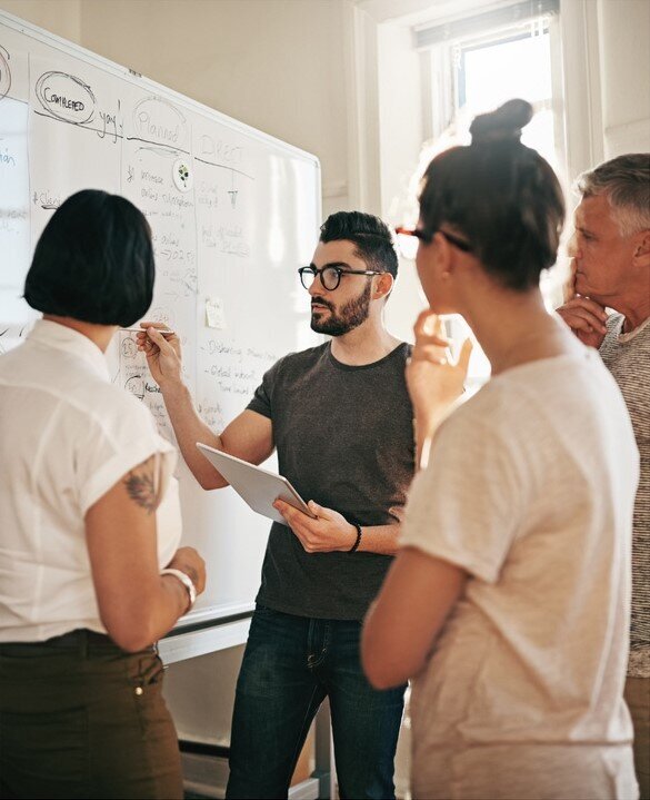 Team members discussing at whiteboard