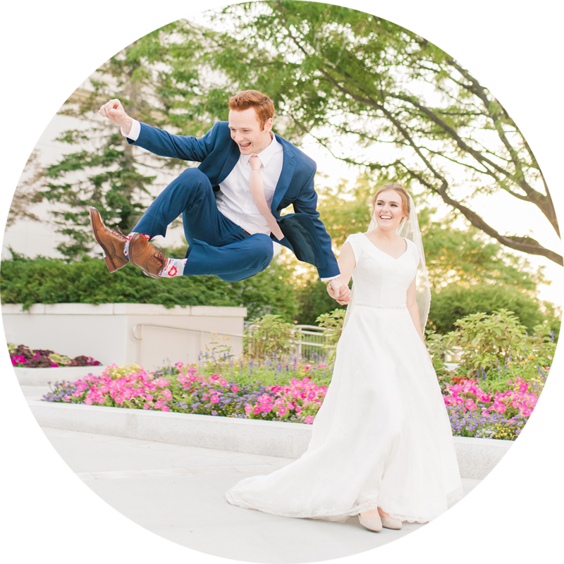 bride and groom doing heel click at the bountiful temple