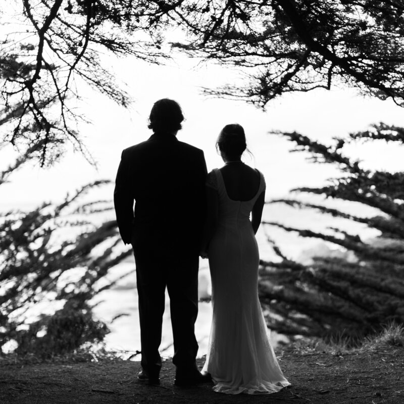 Couple on their wedding day, Big Sur Elopement, over looking the pacific ocean over the cliffs of Big Sur off of Highway 1.