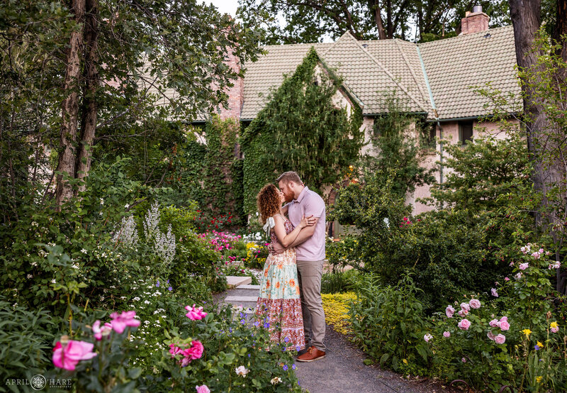 Engagement Photography Kiss Photo at the Waring House at Denver Botanic Gardens