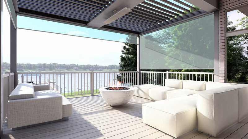Photorealistic 3D rendering of a pergola on a low-maintenance deck with retractable screens, furnished with sofas and a fire table. 