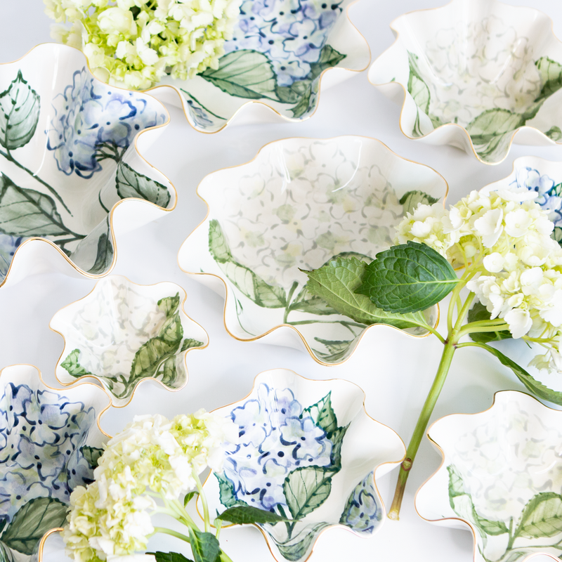 Scallop edge bowls painted with hydrangeas