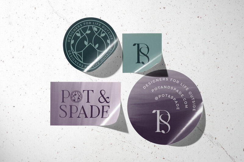 Four stickers in purple and green color palette show the modern, minimal logos for Pot & Spade, a landscape design business.
