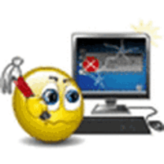 y2k clipart yellow smiley face guy smashing a computer with a hammer