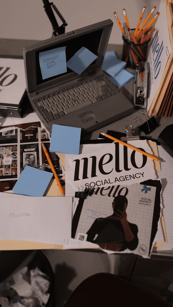 A GIF of Mello Social marketing materials advertising their social media management capabilities and strategy.