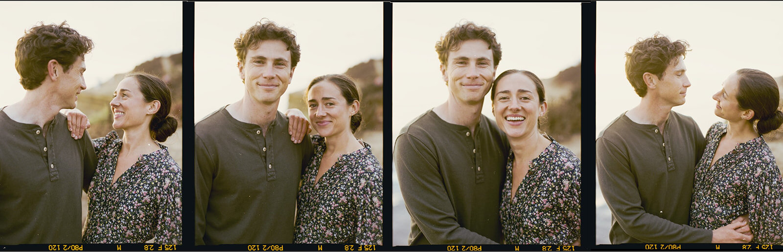 a series of four images side by side showing the settings of the film camera in small yellow text, a couple looking at eachother and smiling and laughing on their engagement session at sunset cliffs