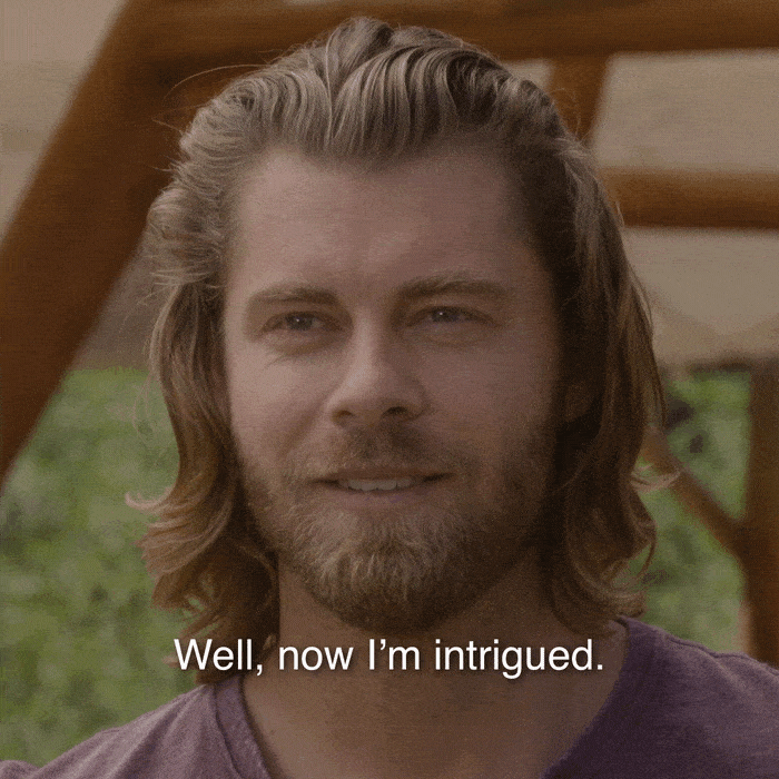 a handsome bearded white man with shoulder length curly hair says, "Now I'm intrigued"