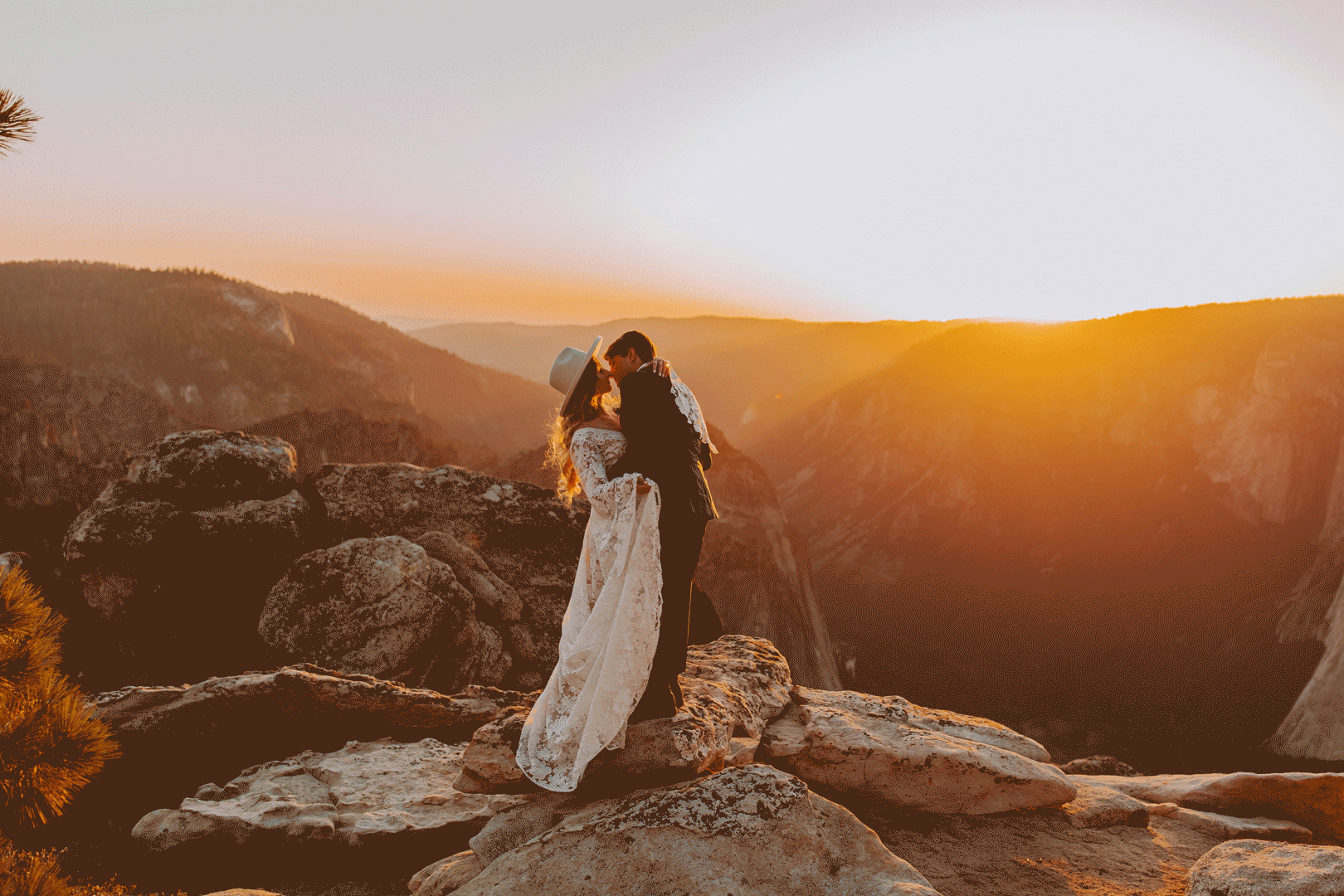 Taft Point sunset elopement photos with lace wedding dress