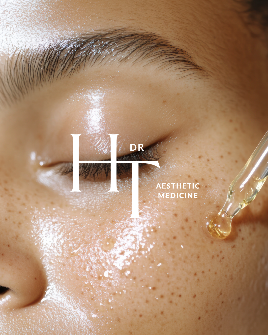 A glowing model’s skin with a dropper applying serum and Dr. Hillary Taggart’s minimalist HT brand logo overlayed.