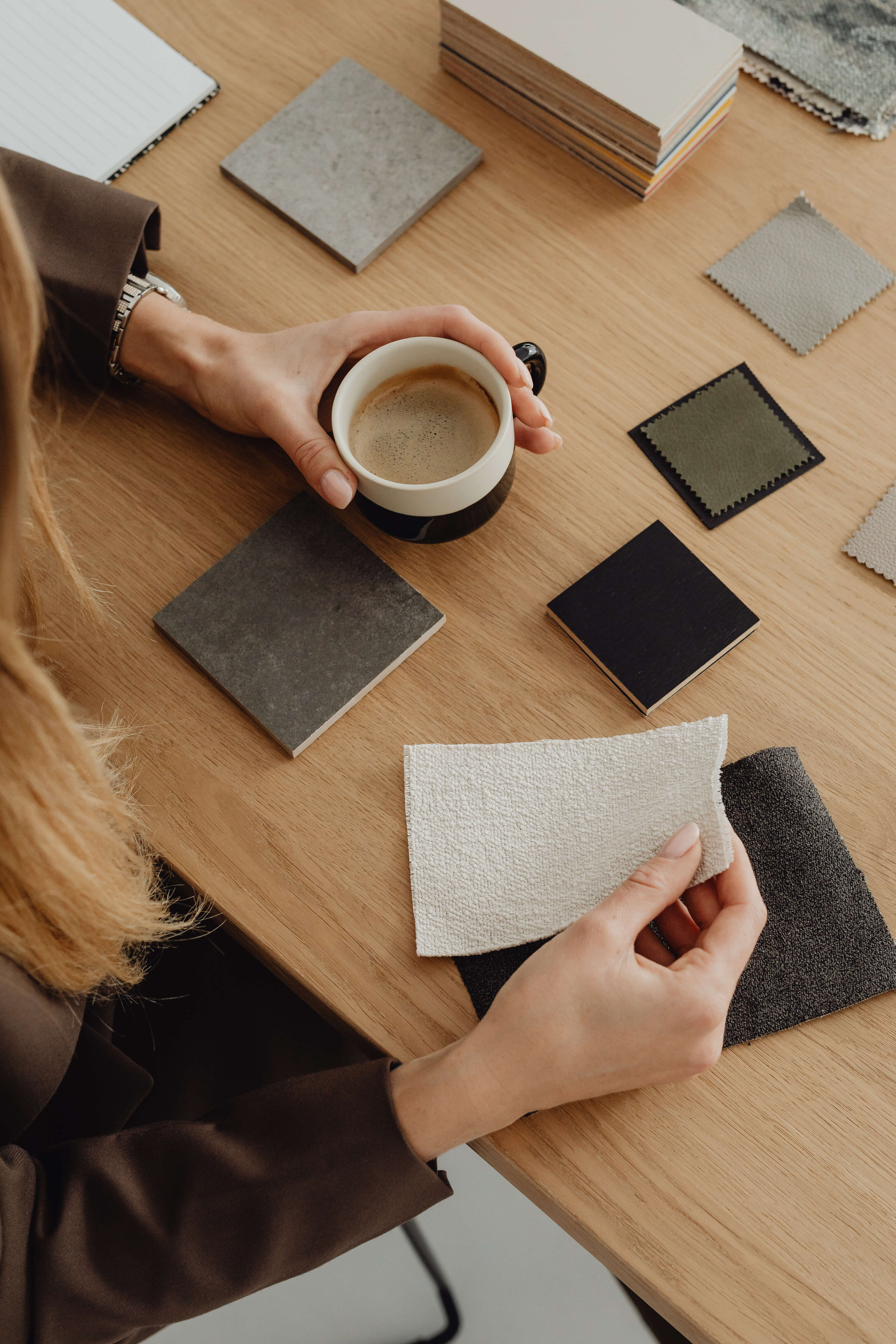 Interior design material samples and color selections on desk