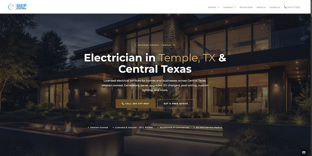 MEP Electric website — veteran-owned electrical contractor Temple TX
