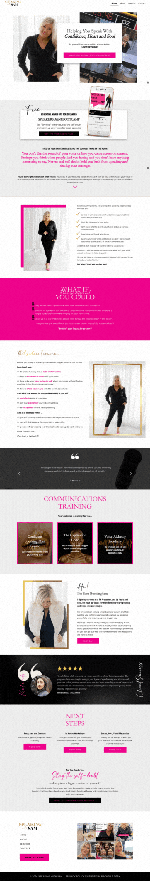 Full homepage preview speaking with sam simplero website design by Rachelle Deem Designs