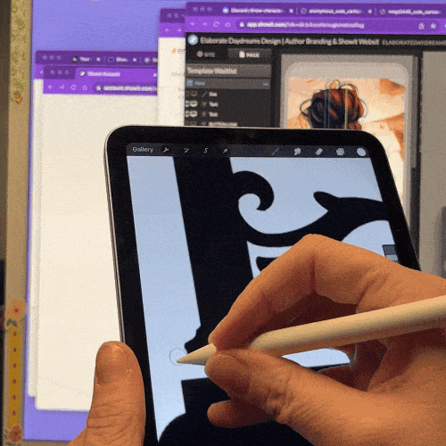 A hand holding an Apple Pencil draws on an iPad on Procreate flips through screens for a new pencil to draw with.