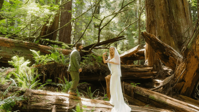 bride walking through. redwood ferns