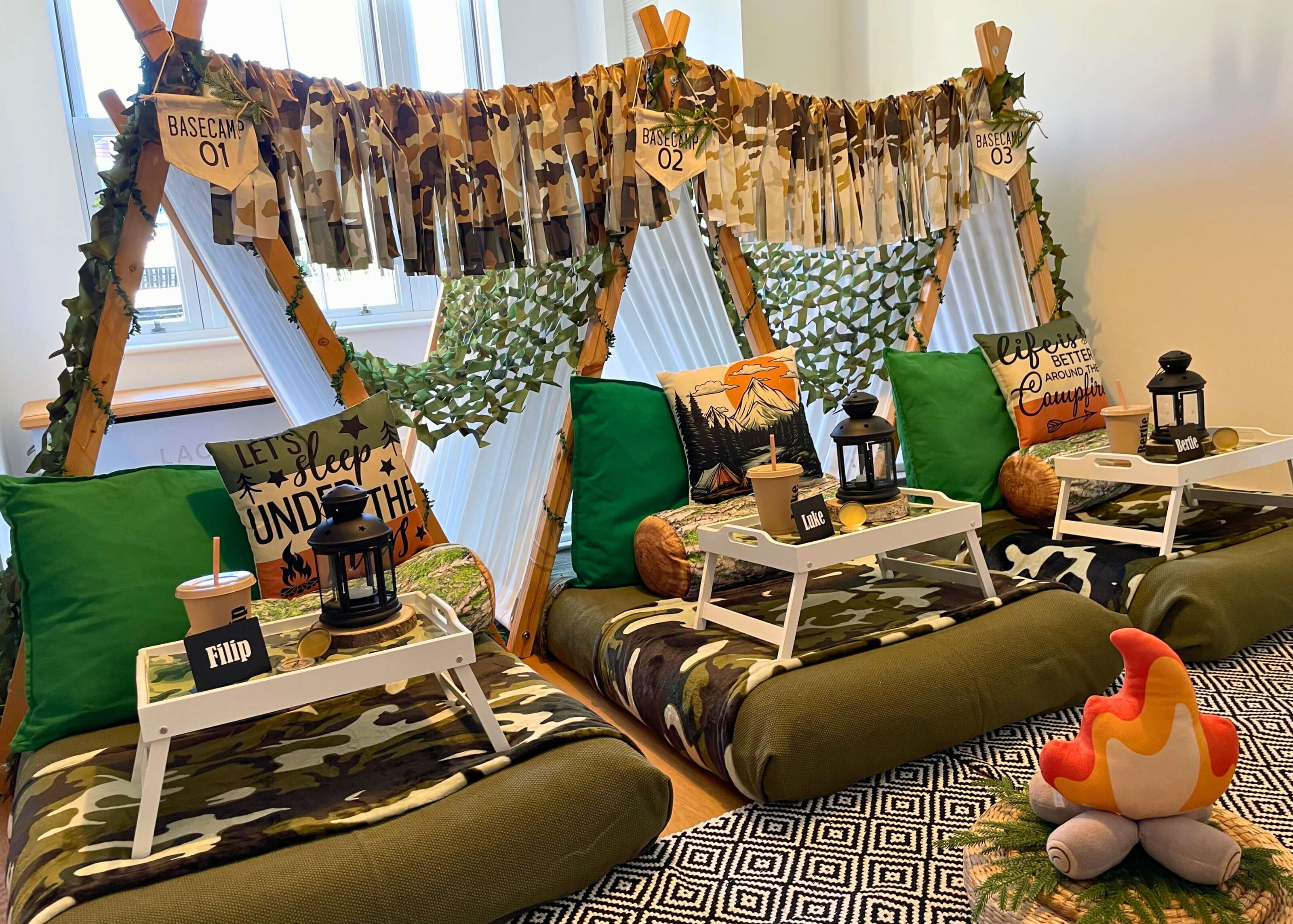 A simple camp-out theme for a teepee sleepover provides the perfect base camp for guests throughout the evening.