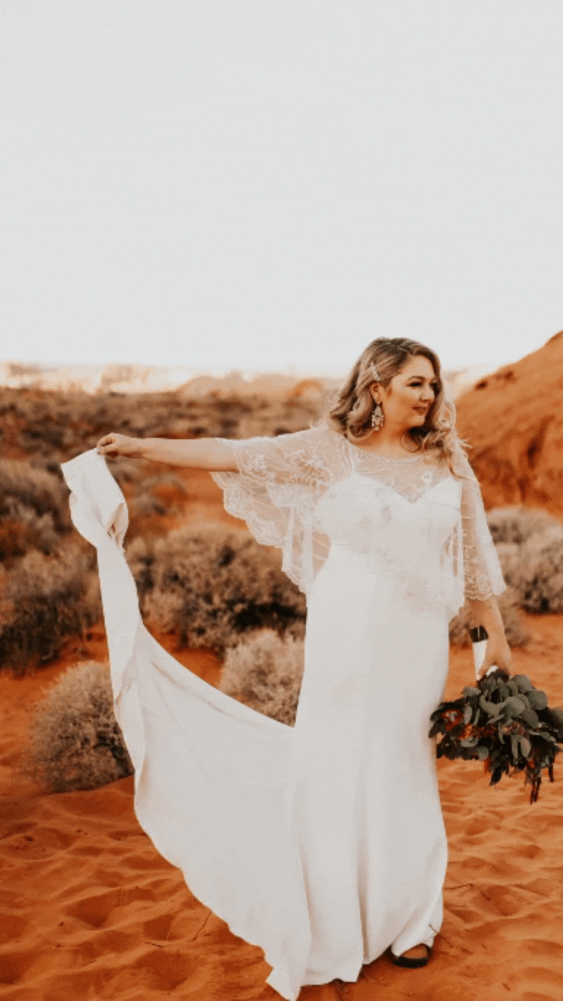Video of bride in desert dropping the train of her gown