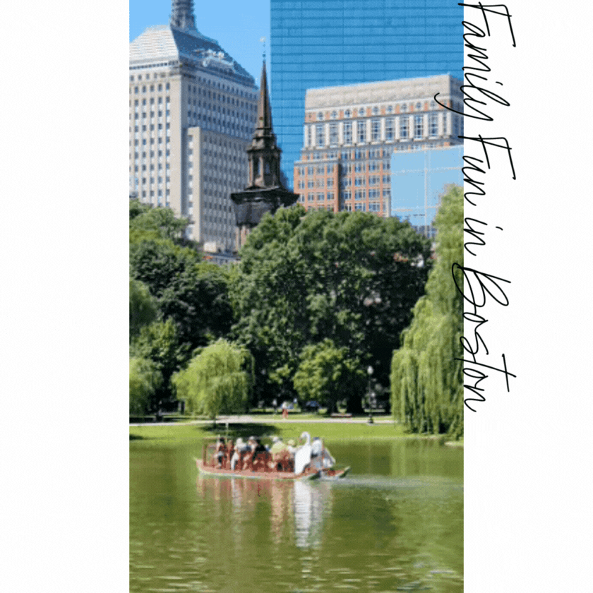 A swan boat gliding across the lagoon in Boston Public Garden, surrounded by lush greenery and historic city buildings ©Stephanie Dosch | theViatrix Boston Personalized Destination Guide