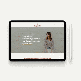 Screenshot of Erika Fitzgerald’s first professionally designed website displayed on an iPad, showcasing her growth as an SEO website copywriter 