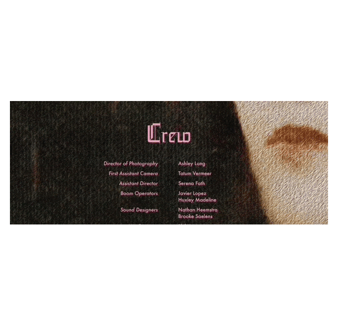 Animated GIF of the Peck film credits, with textured fabric-like background and pink Gothic-style text that reads “Crew.” Roles such as Director of Photography, Assistant Director, and Sound Designers appear alongside names like Ashley Long, Serena Fath, and Brooke Saelens, emphasizing the collaborative team behind the film.