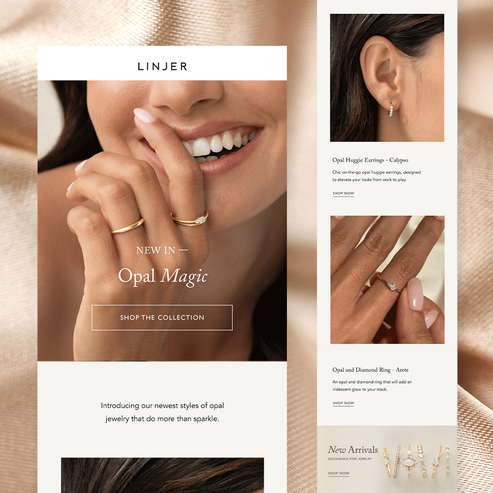 Email marketing design for Linjer, an eCommerce fine jewelry brand, featuring new opal jewelry arrivals in an elegant and minimalist layout.