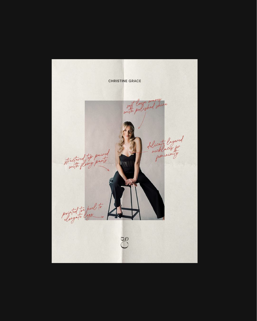 Christine Grace brand print piece featuring a portrait of a woman in a black outfit with handwritten-style red annotations of her fashion styling.