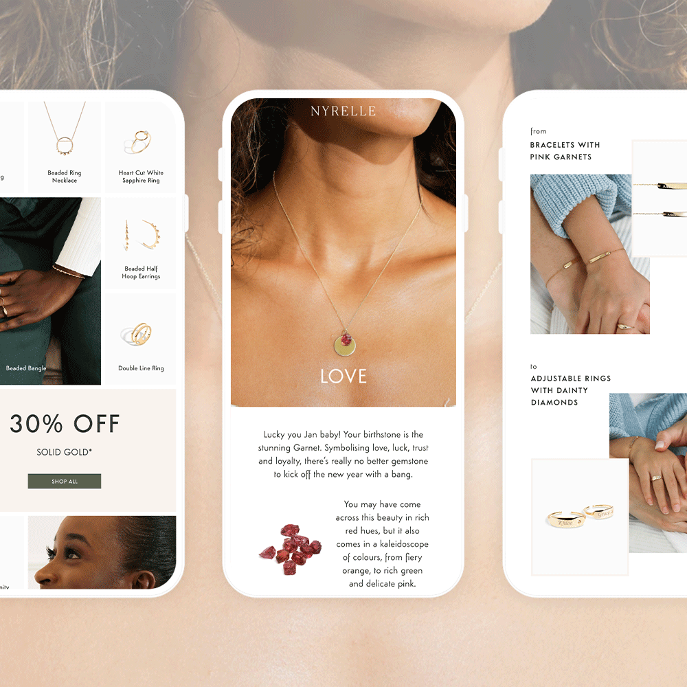 Mobile-optimized email marketing design for fine jewelry brand, NYRELLE, showcasing 3 newsletter layouts featuring necklaces, rings, bracelets, and earrings.